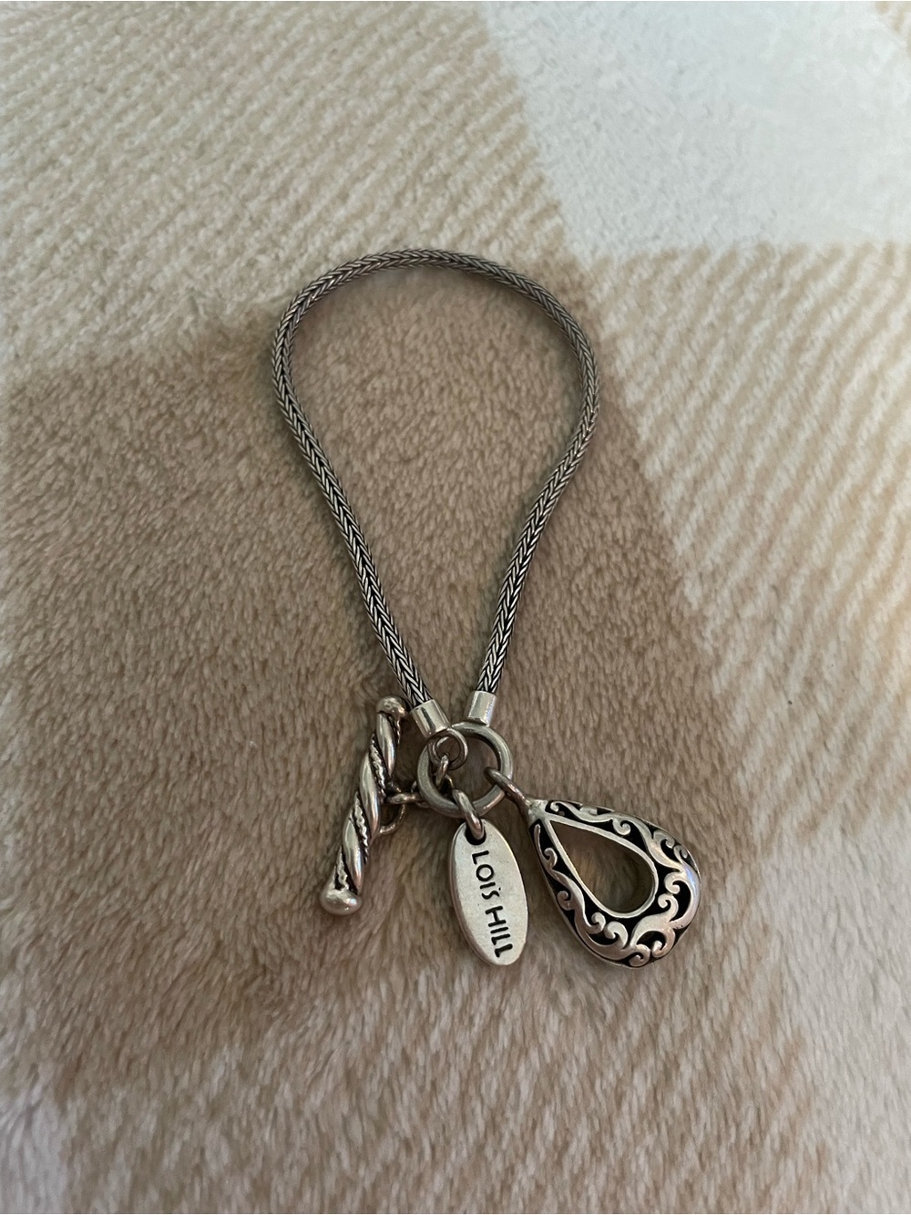 Vintage Lois Hill 925 Silver Braided Toggle Bracelet with Teardrop Charm